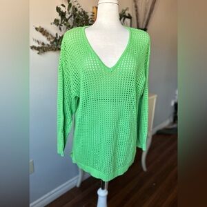 Jeanne Pierre Lime Green Crochet Open Knit Cotton Sweater - 1XL